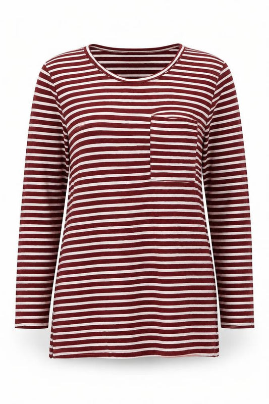 Marks & Spencer Womens Red Striped Viscose Tunic T-Shirt Size 8 Round Neck