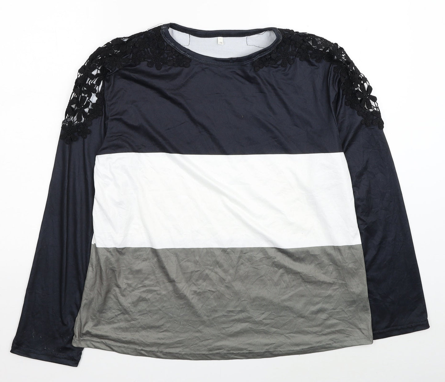 Preworn Womens Black Colourblock Polyester Basic Blouse Size 3XL Round Neck - Lace Detail