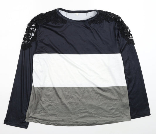 Preworn Womens Black Colourblock Polyester Basic Blouse Size 3XL Round Neck - Lace Detail