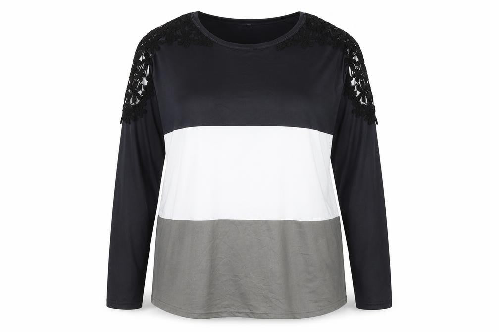 Preworn Womens Black Colourblock Polyester Basic Blouse Size 3XL Round Neck - Lace Detail