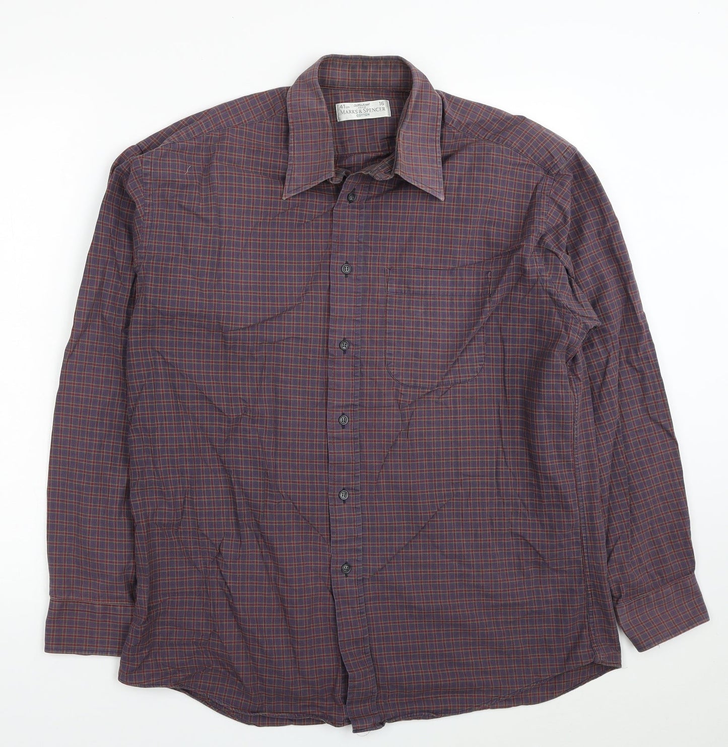 Marks and Spencer Mens Grey Plaid Cotton Button-Up Size 16 Collared Button - Collar 16 Inch