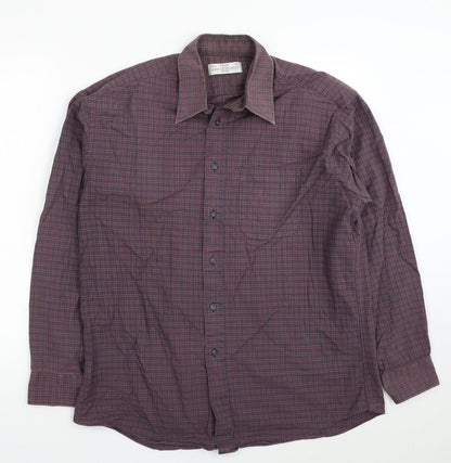 Marks & Spencer Mens Grey Plaid Cotton Button-Up Size 16 Collared Button - Collar 16 Inch