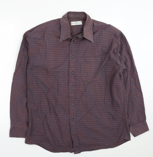 Marks and Spencer Mens Grey Plaid Cotton Button-Up Size 16 Collared Button - Collar 16 Inch