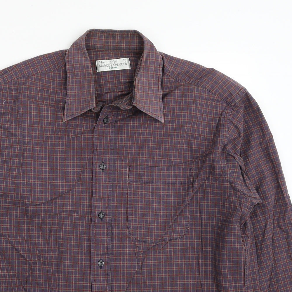 Marks and Spencer Mens Grey Plaid Cotton Button-Up Size 16 Collared Button - Collar 16 Inch