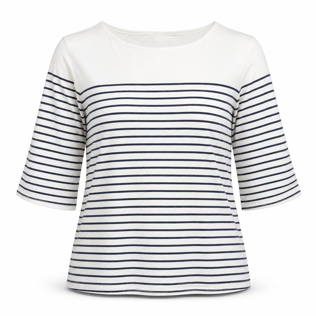Precis Womens White Striped Cotton Basic T-Shirt Size M Boat Neck
