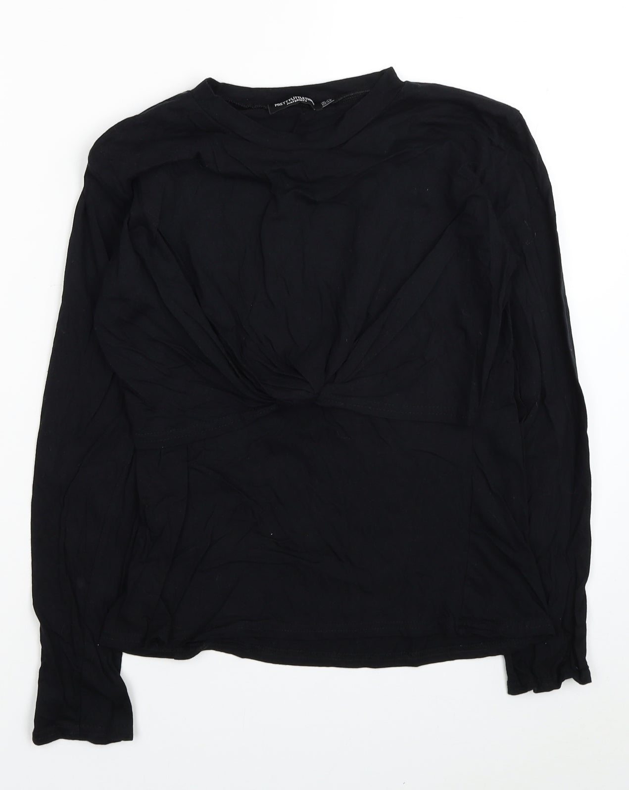 PRETTYLITTLETHING Womens Black Cotton Basic T-Shirt Size 10 Round Neck - Knot Detail