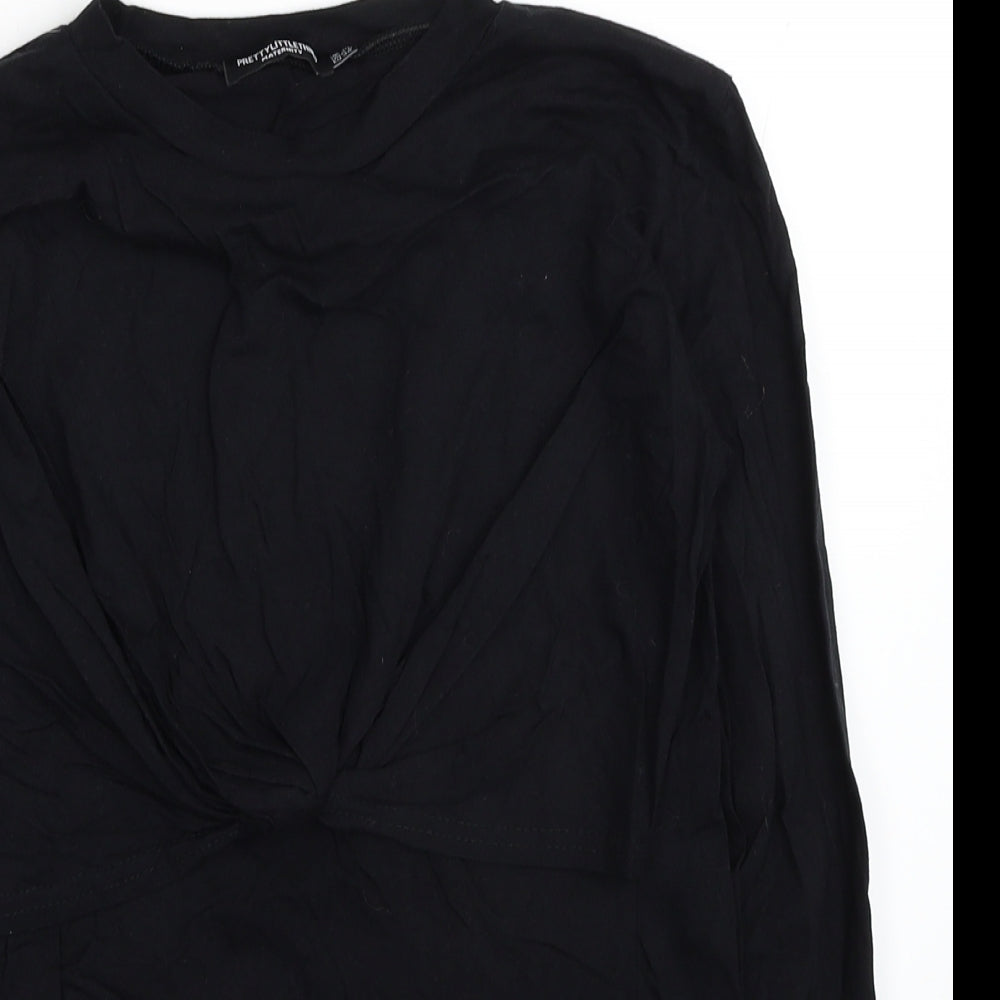 PRETTYLITTLETHING Womens Black Cotton Basic T-Shirt Size 10 Round Neck - Knot Detail