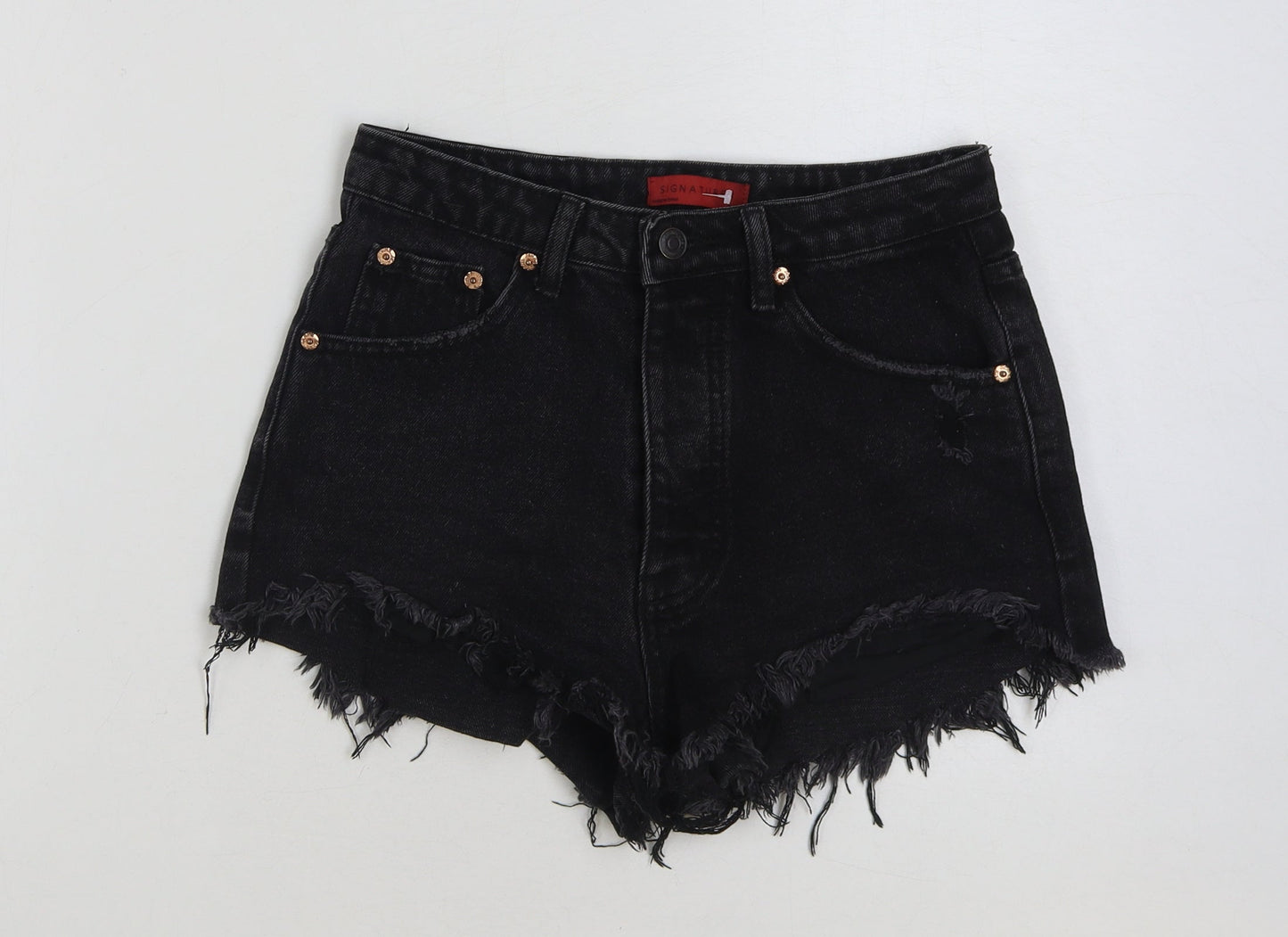 Signature Womens Black Cotton Hot Pants Shorts Size S Regular Button - Distressed