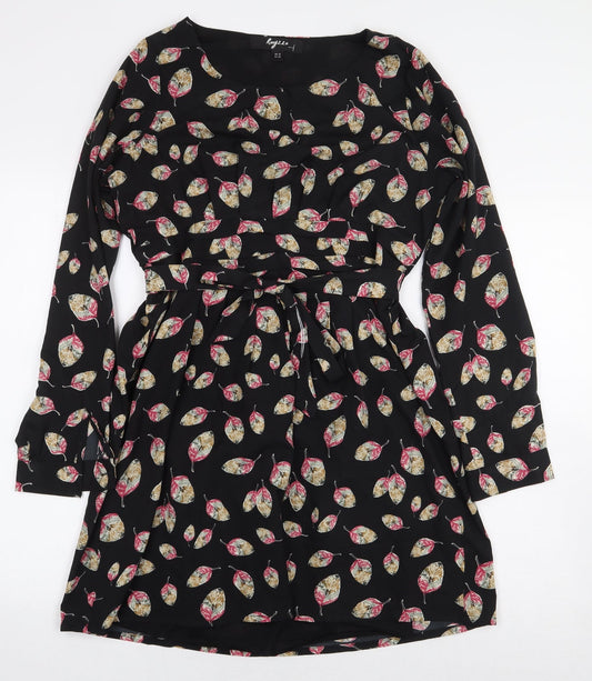 Rayzzo Womens Black Floral Polyester A-Line Size 12 Boat Neck Pullover - Leaf Print