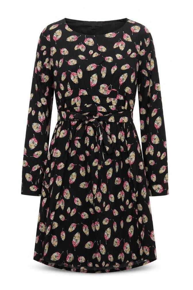 Rayzzo Womens Black Floral Polyester A-Line Size 12 Boat Neck Pullover - Leaf Print