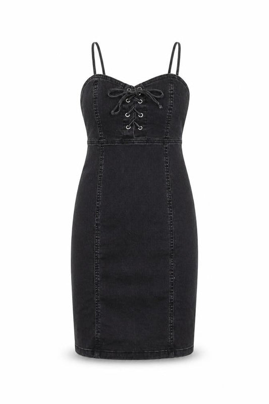 Primark Womens Black Cotton Pencil Dress Size 6 Sweetheart Lace Up