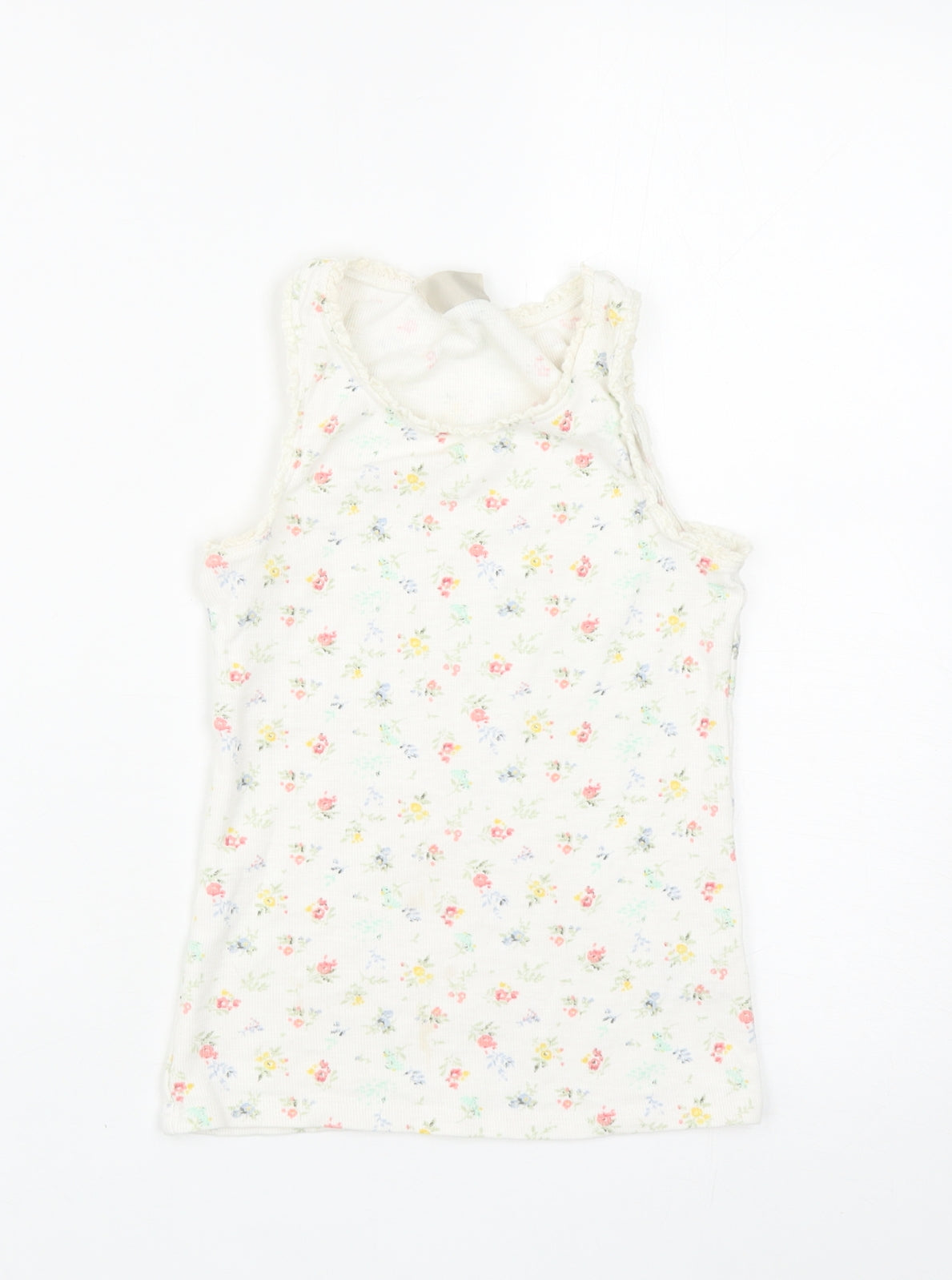 NEXT Girls White Floral Cotton Basic Tank Size 8 Years Round Neck Pullover