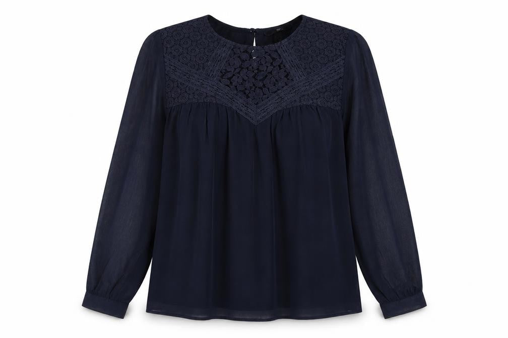 H&M Womens Blue Polyester Basic Blouse Size 8 Round Neck - Lace Detail