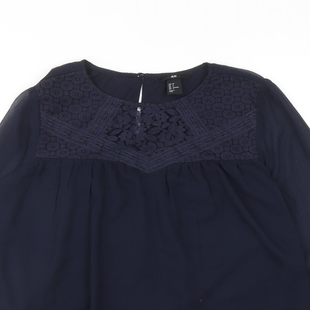 H&M Womens Blue Polyester Basic Blouse Size 8 Round Neck - Lace Detail