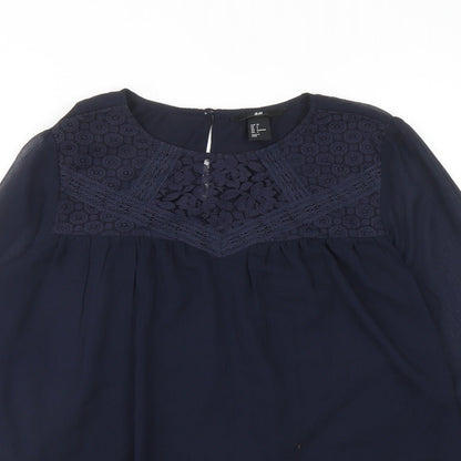 H&M Womens Blue Polyester Basic Blouse Size 8 Round Neck - Lace Detail