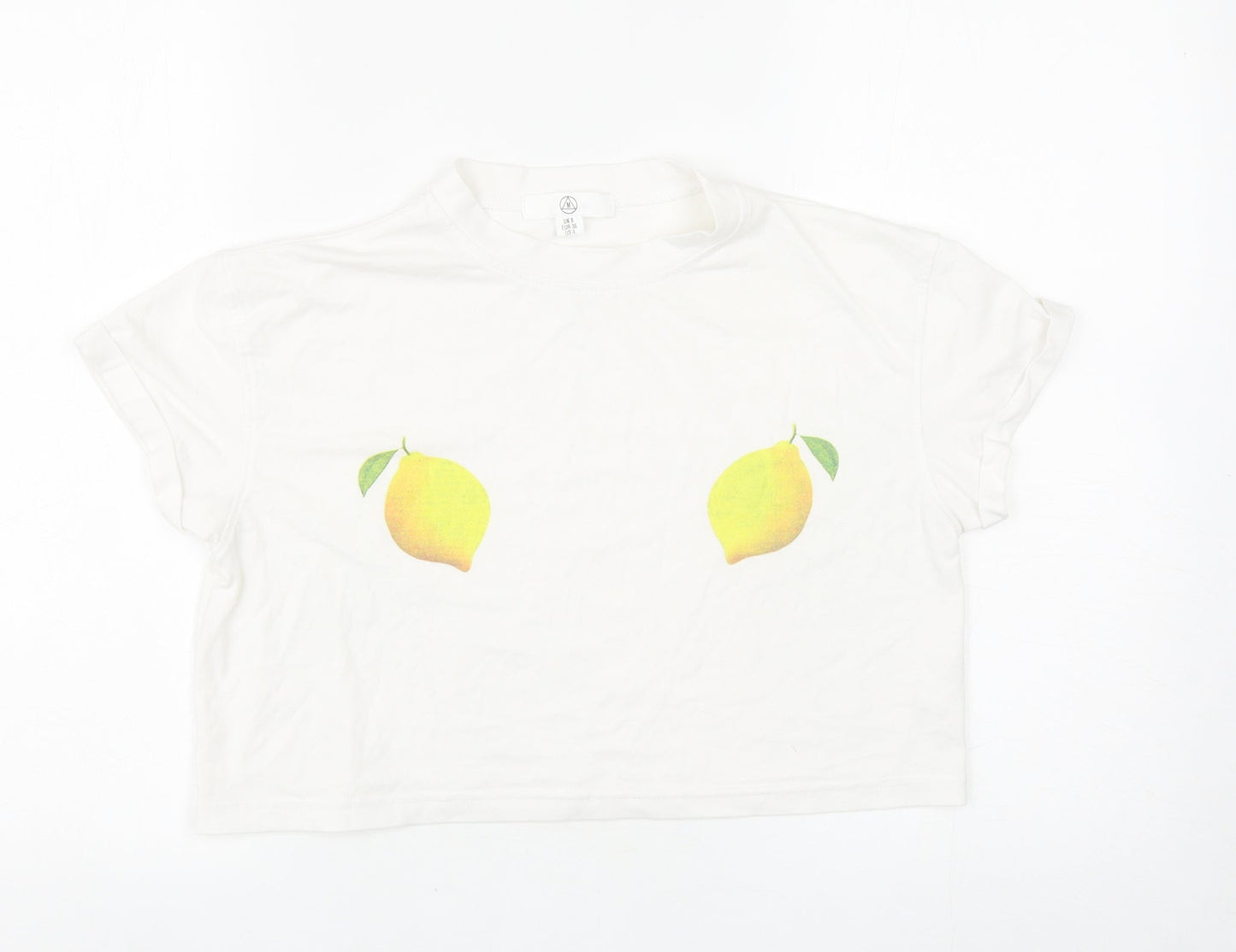 Missguided Womens White Cotton Cropped T-Shirt Size 8 Round Neck - Lemons