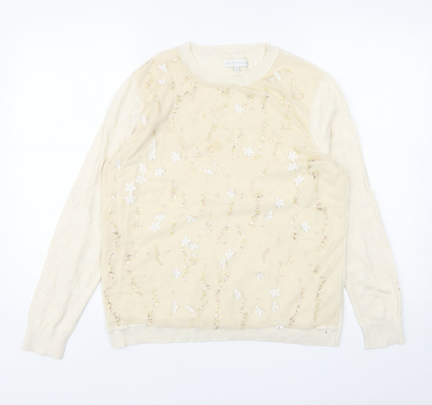 RJR. John Rocha Womens Ivory Round Neck Cotton Pullover Jumper Size 18 - Flower Mesh Detail