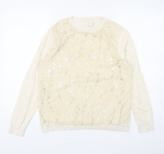 RJR. John Rocha Womens Ivory Round Neck Cotton Pullover Jumper Size 18 - Flower Mesh Detail