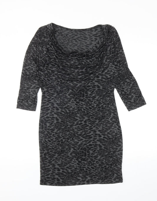 Warehouse Womens Grey Animal Print Polyester Mini Size 6 Cowl Neck Pullover - Leopard Print