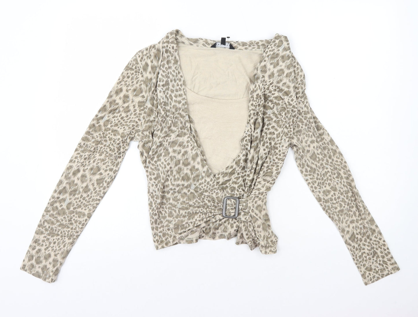 Janique Womens Beige Animal Print Viscose Basic T-Shirt Size 16 Scoop Neck