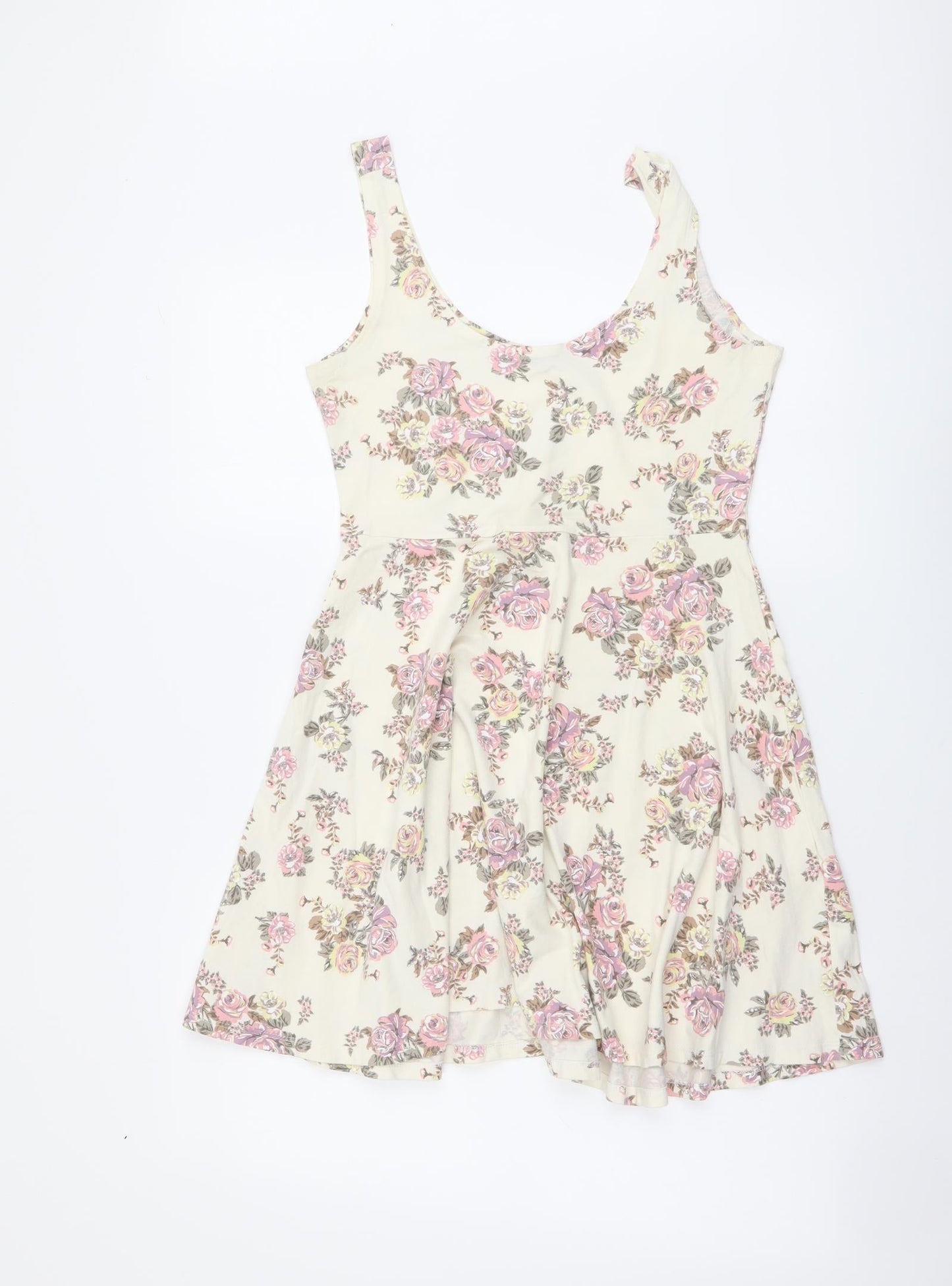 Shana Womens Beige Floral Cotton A-Line Size M Round Neck Pullover