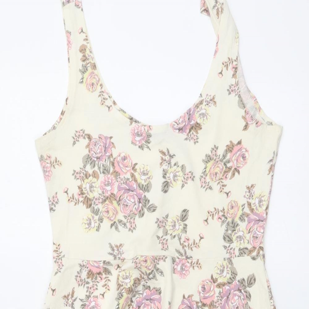 Shana Womens Beige Floral Cotton A-Line Size M Round Neck Pullover