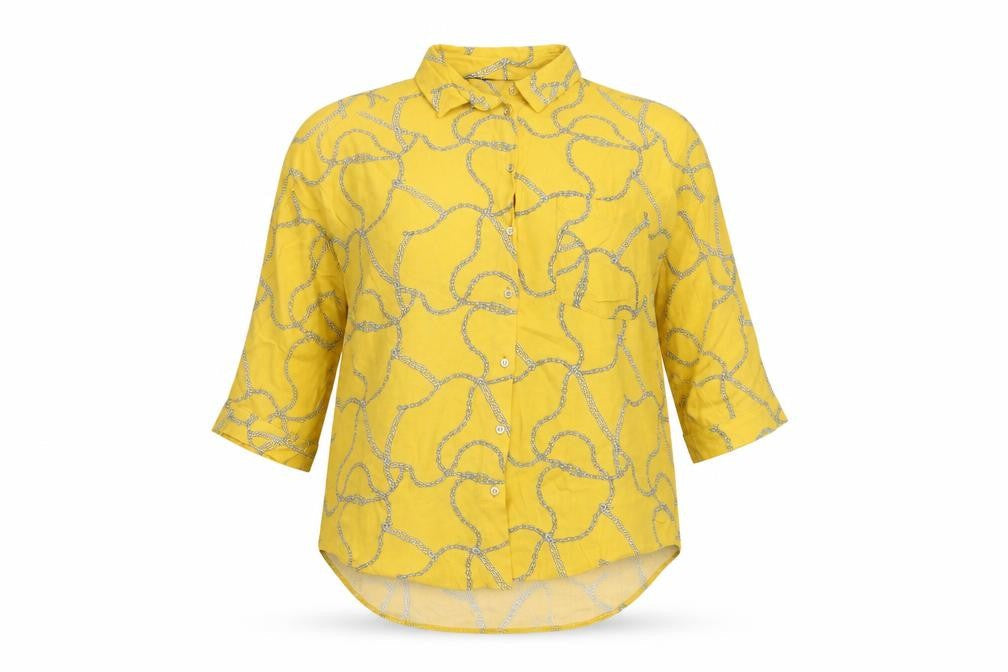 F&F Womens Yellow Geometric Viscose Basic Button-Up Size 6 Collared