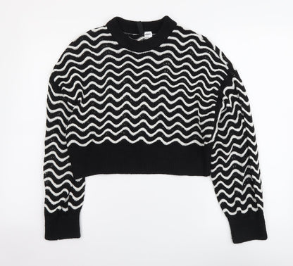 H&M Womens Black Round Neck Striped Acrylic Pullover Jumper Size XS