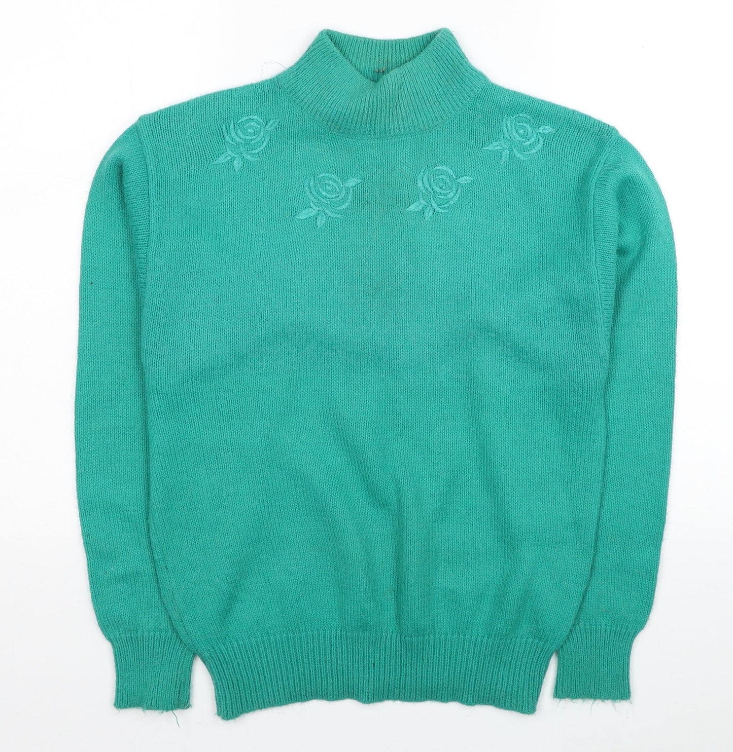 Poppy Womens Green Mock Neck Acrylic Pullover Jumper Size 10 - Flowers