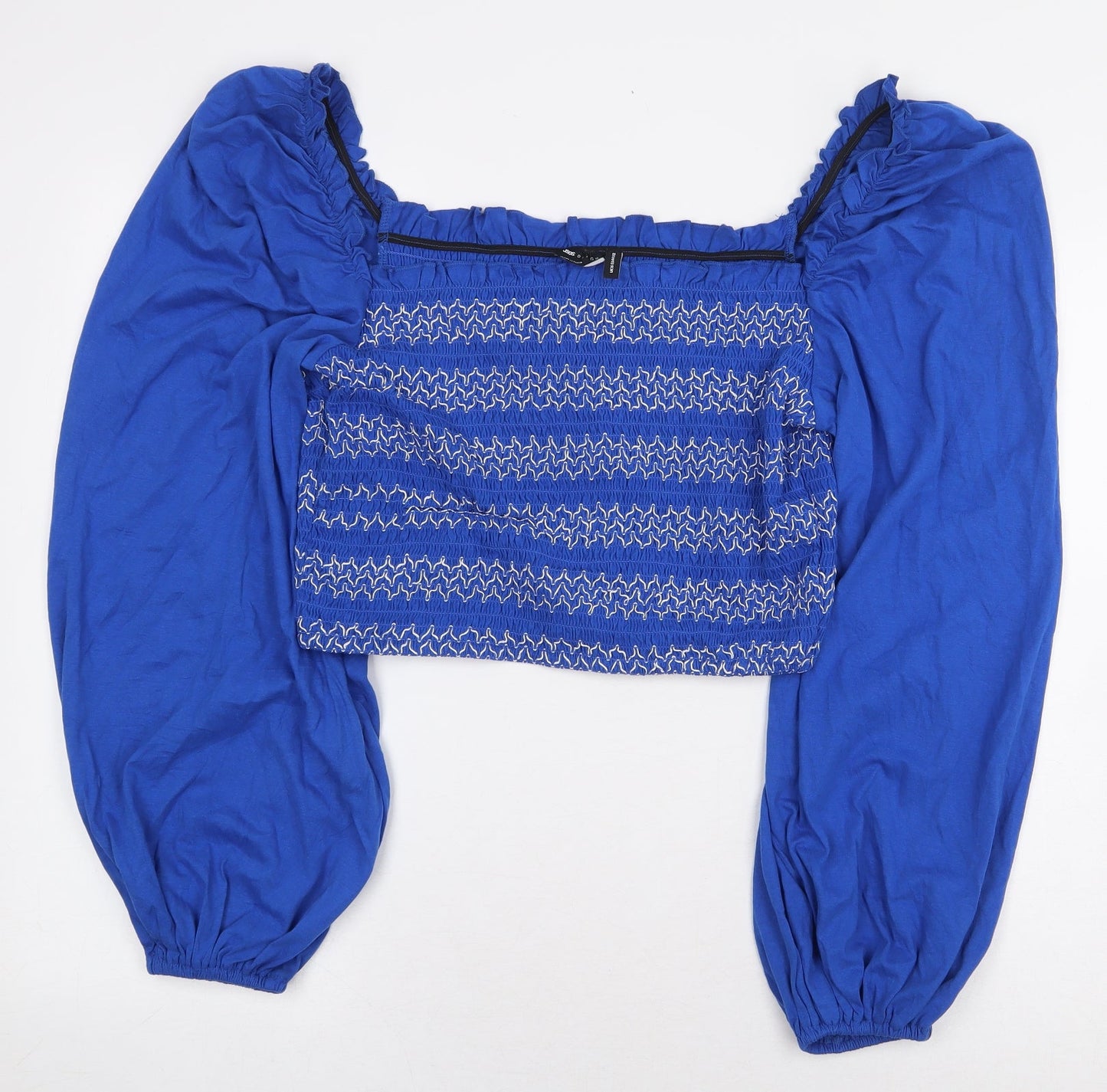 ASOS Womens Blue Geometric Cotton Cropped Blouse Size 16 Square Neck - Balloon Sleeves