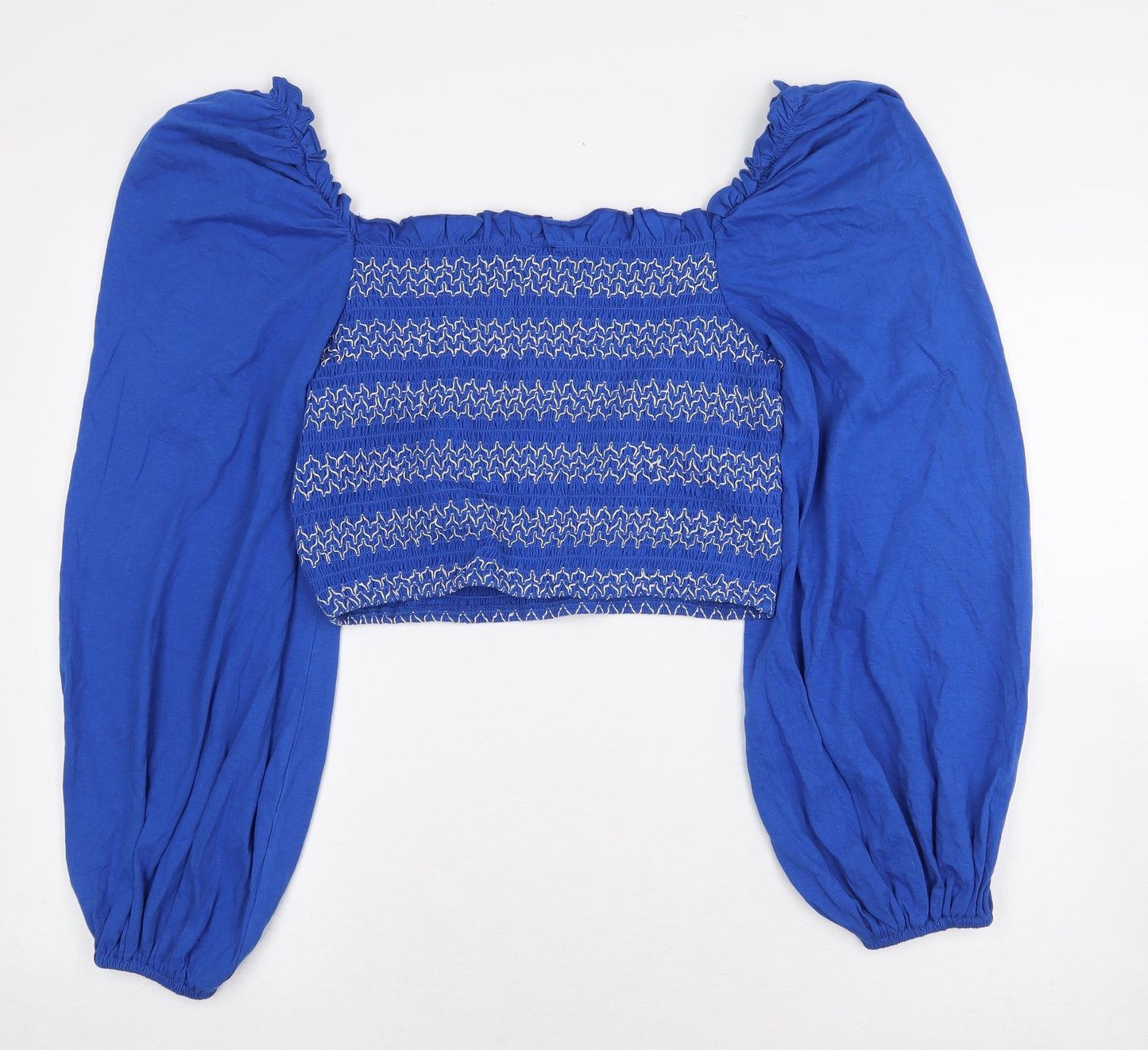 ASOS Womens Blue Geometric Cotton Cropped Blouse Size 16 Square Neck - Balloon Sleeves
