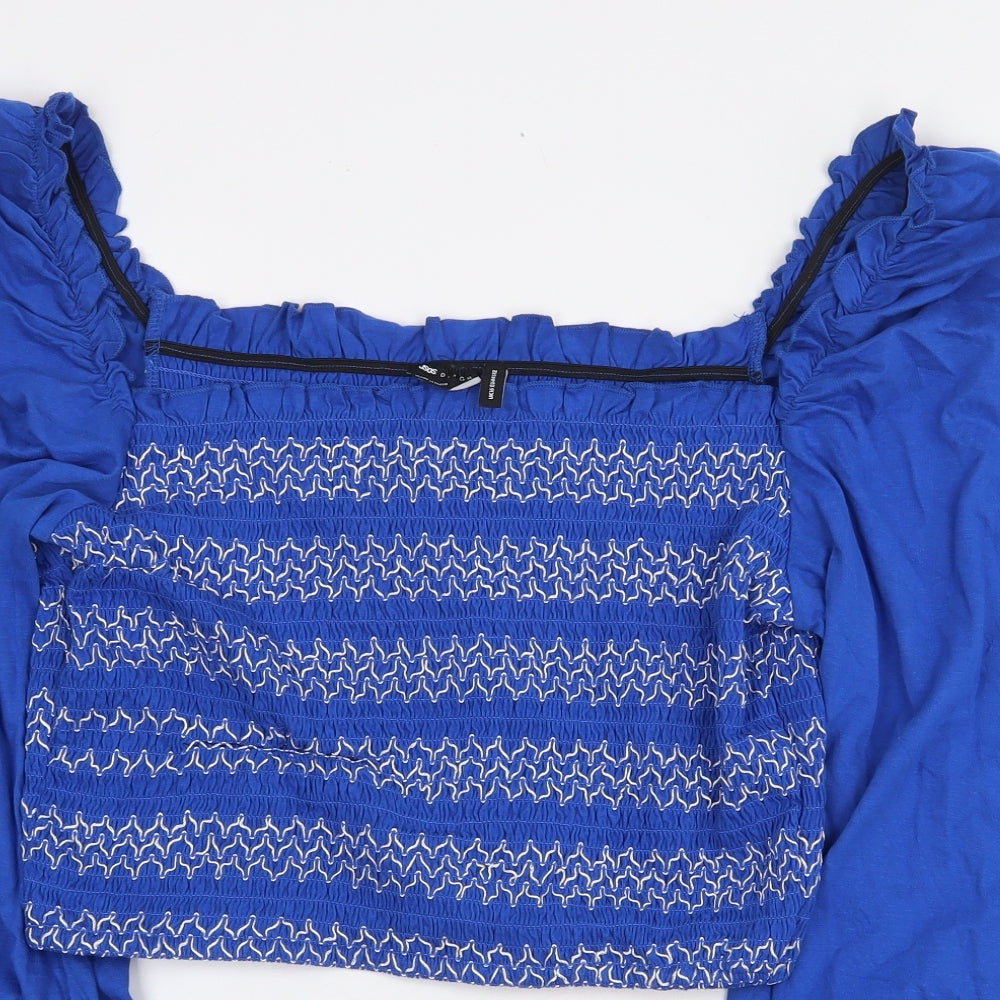 ASOS Womens Blue Geometric Cotton Cropped Blouse Size 16 Square Neck - Balloon Sleeves