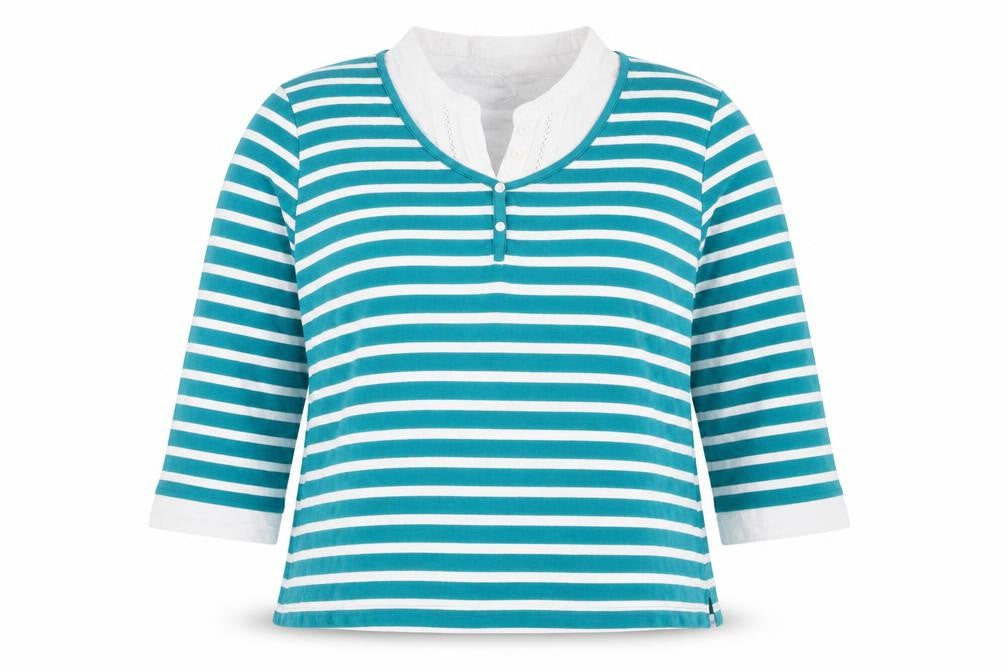 Damart Womens Green Striped Cotton Basic Blouse Size L V-Neck