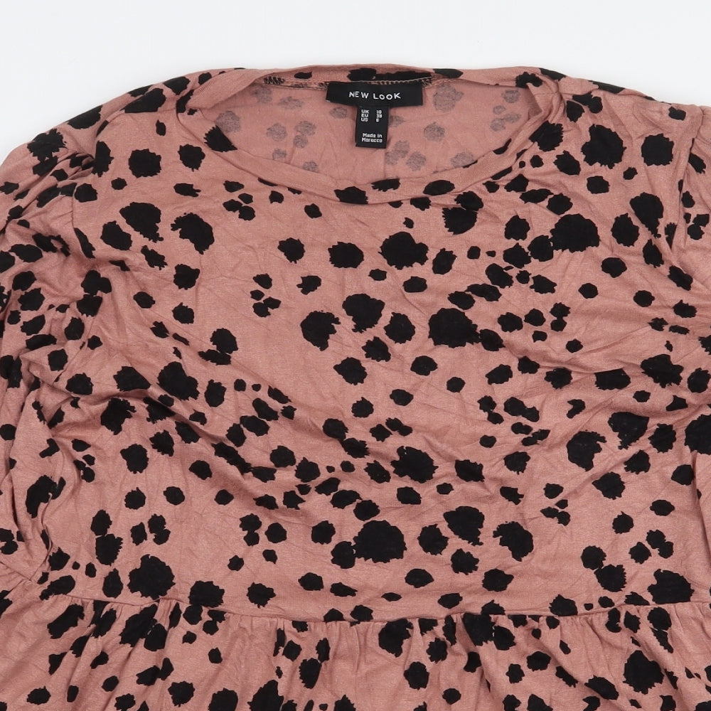 New Look Womens Pink Animal Print Viscose Basic Blouse Size 10 Round Neck