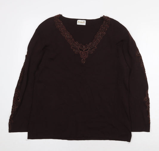 Roman Originals Womens Brown Viscose Basic Blouse Size M V-Neck - Embroidered Detail