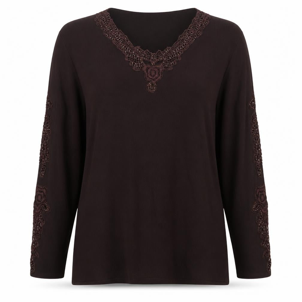 Roman Originals Womens Brown Viscose Basic Blouse Size M V-Neck - Embroidered Detail