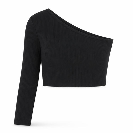 PRETTYLITTLETHING Womens Black Polyester Cropped T-Shirt Size 8 One Shoulder