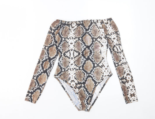 Boohoo Womens Brown Animal Print Polyester Bodysuit One-Piece Size 4 Snap