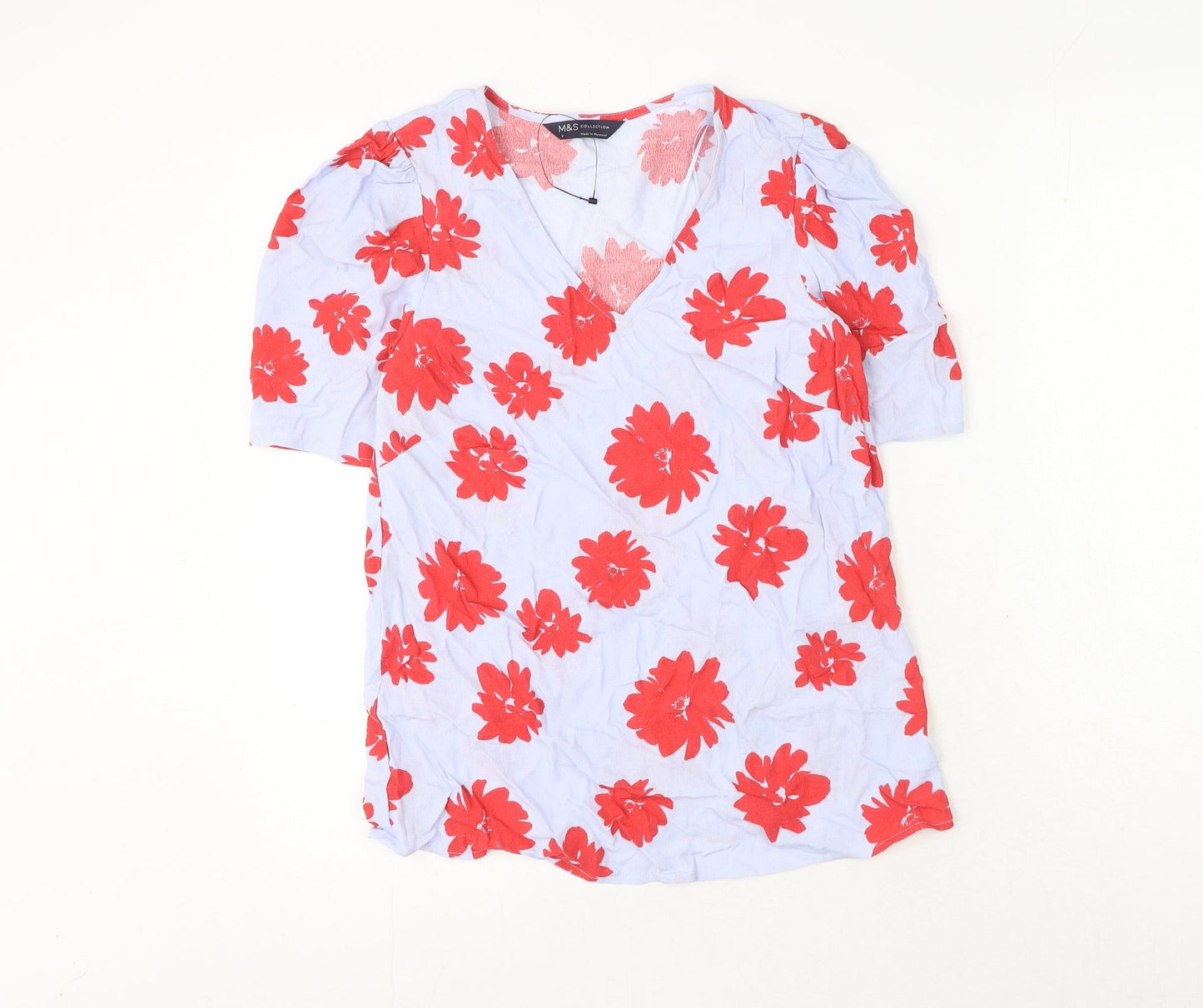 Marks and Spencer Womens Blue Floral Viscose Basic Blouse Size 6 Round Neck