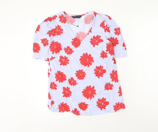Marks and Spencer Womens Blue Floral Viscose Basic Blouse Size 6 Round Neck