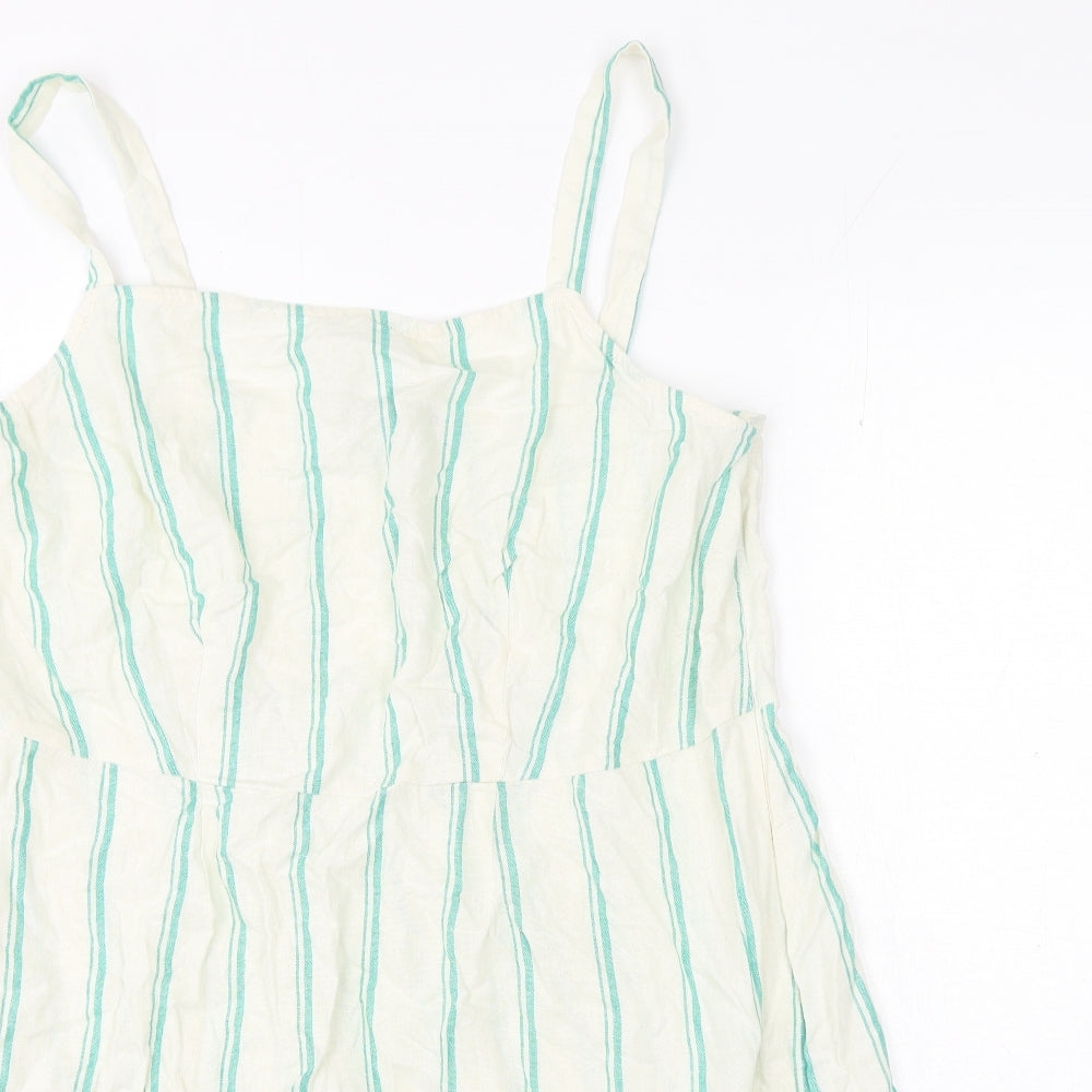 Marks and Spencer Womens White Striped Flax Basic Blouse Size 18 Square Neck