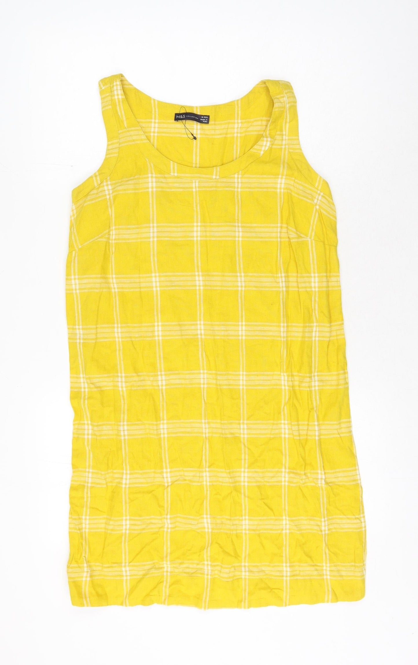 Marks and Spencer Womens Yellow Check Flax Shift Size 10 Round Neck Pullover