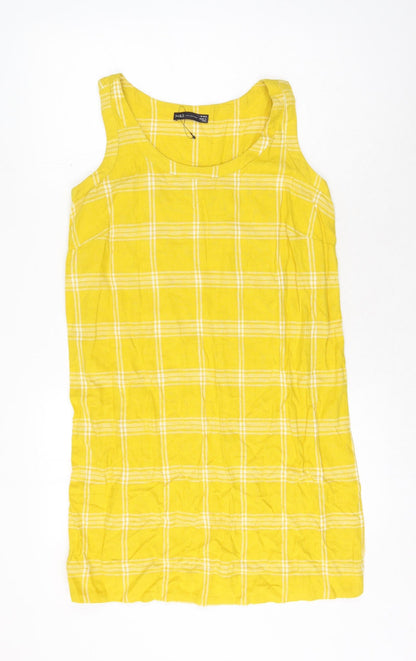Marks & Spencer Womens Yellow Check Flax Shift Size 10 Round Neck Pullover