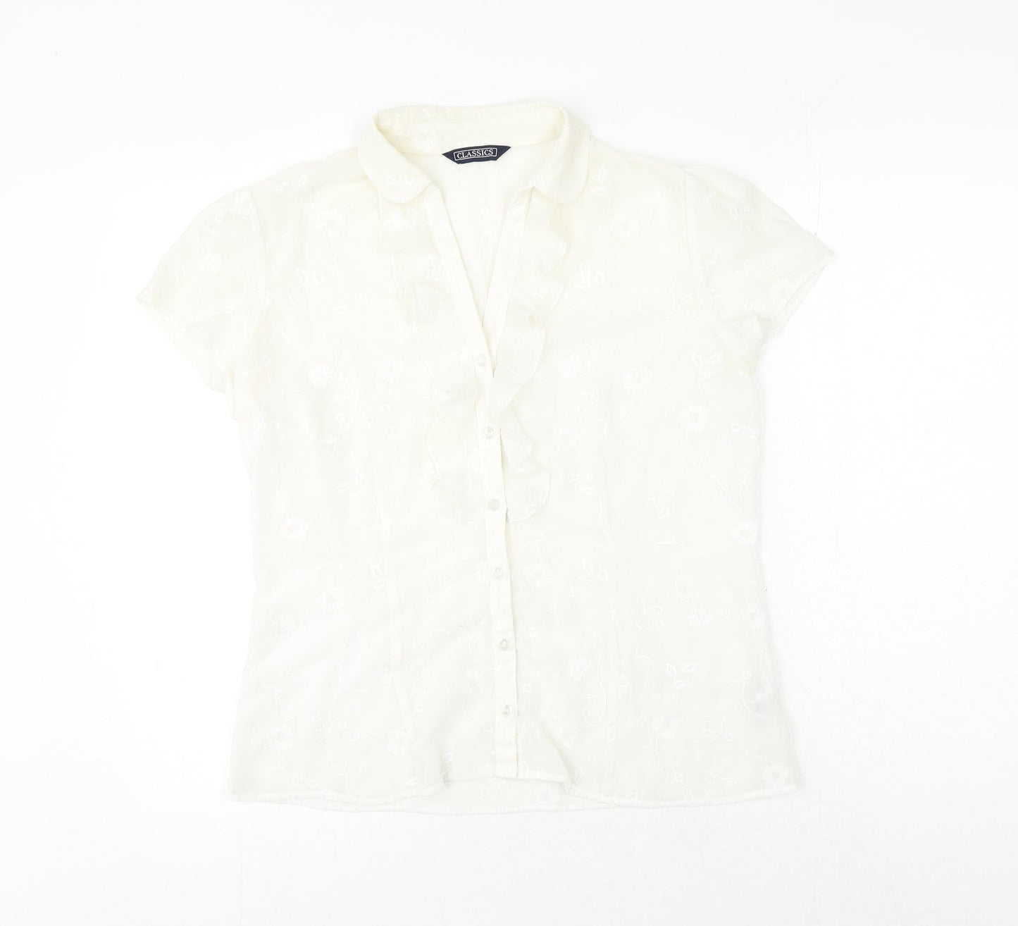 BHS Womens White Floral Polyester Basic Button-Up Size 14 V-Neck