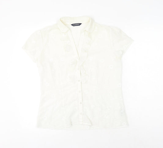 BHS Womens White Floral Polyester Basic Button-Up Size 14 V-Neck