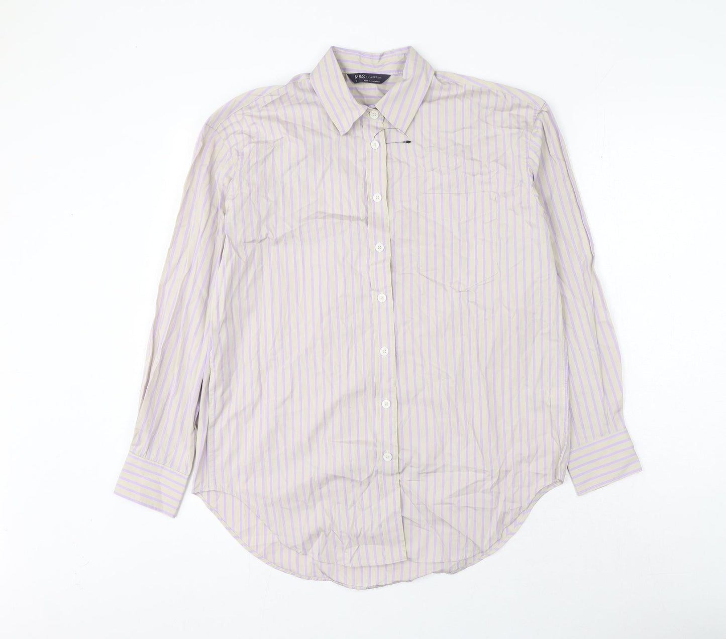 Marks and Spencer Womens Grey Striped Cotton Basic Button-Up Size 8 Collared