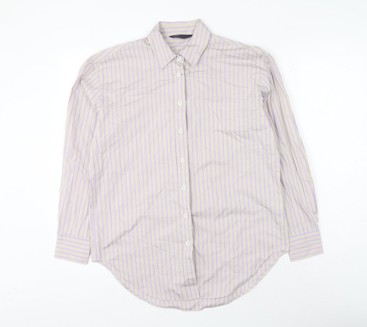 Marks and Spencer Womens Grey Striped Cotton Basic Button-Up Size 6 Collared