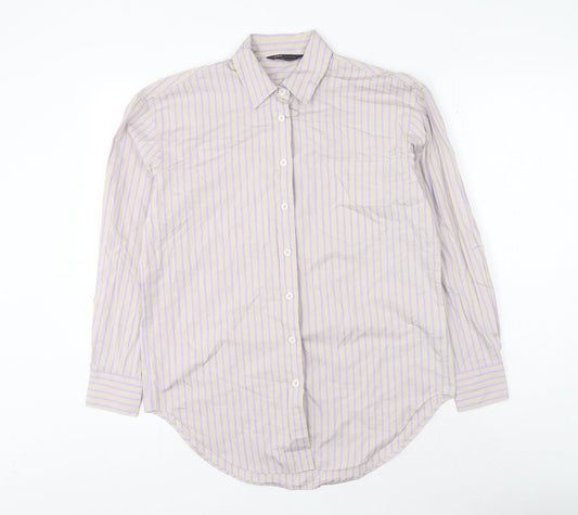 Marks and Spencer Womens Grey Striped Cotton Basic Button-Up Size 6 Collared