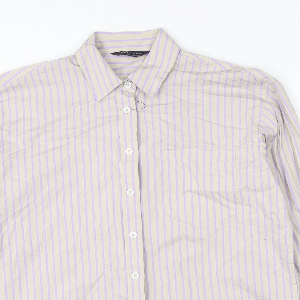 Marks and Spencer Womens Grey Striped Cotton Basic Button-Up Size 6 Collared