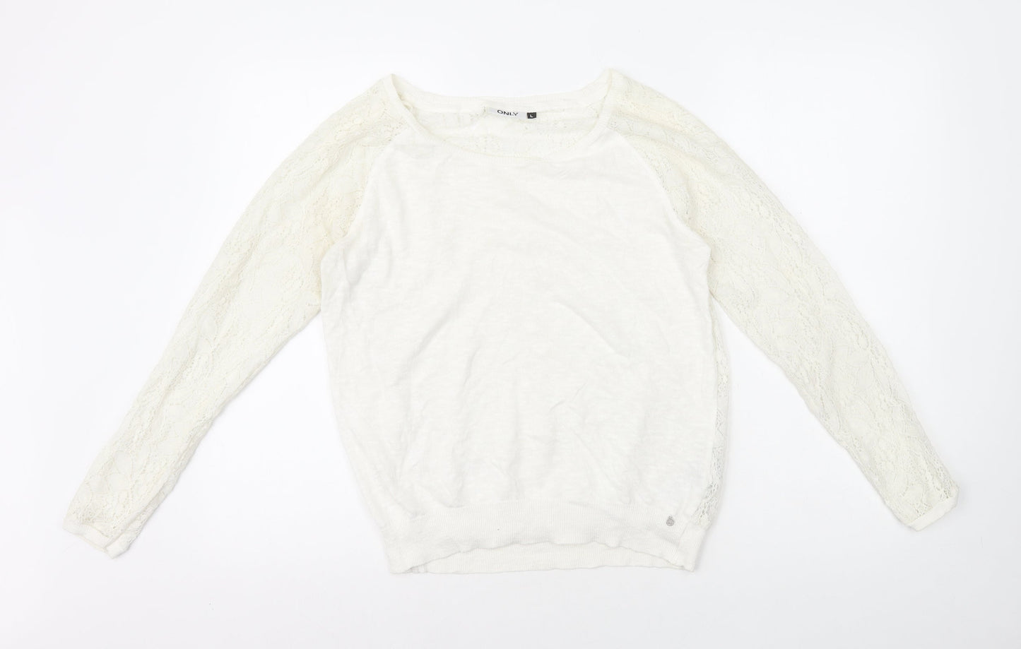 Only Womens White Round Neck 100% Cotton Pullover Jumper Size L - Lace Trim